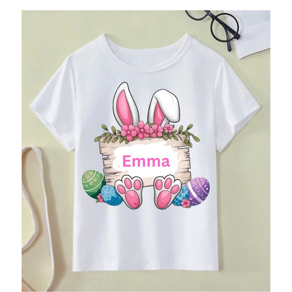 White T-Shirt with Bunny and Easter Egg Design